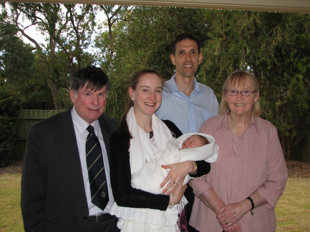 From left to right, Dr Robert Williams, Claire Bastian with baby Anthony, Neil Bastian, and Therese Williams.