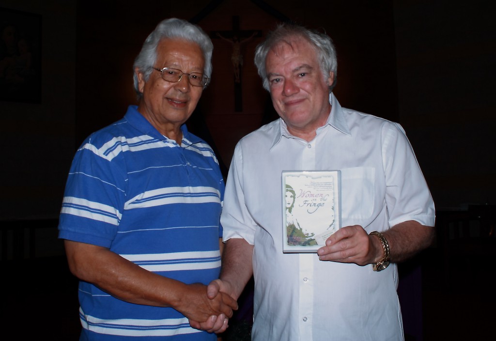 Gerard Searle, left, with fellow Wanneroo parishioner Guido Nigro, who helped to spread the word about Mr Searle’s play, Women on the Fringe. The play will be screened on West Television WTV at the end of December, and focuses on the marginalised women whose lives are transformed by Christ.