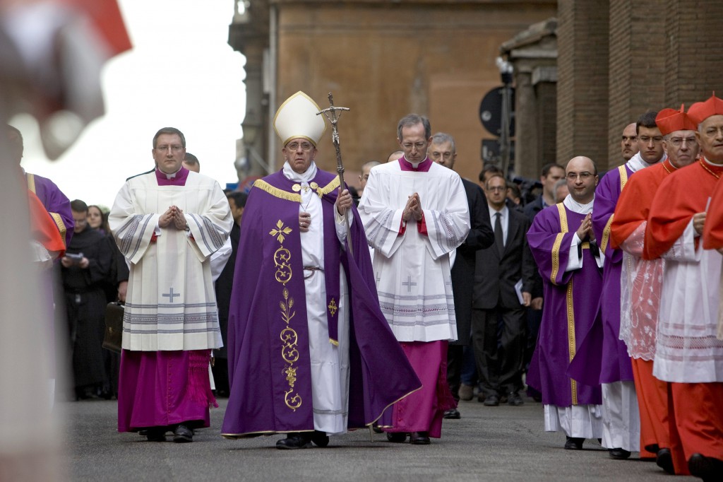 Pope Francis walks in procession to the Basilica of Santa Sabina on March 5 to celebrate the Ash Wednesday Mass in Rome. PHOTO: CNS/Maria Grazia Picciarella, pool