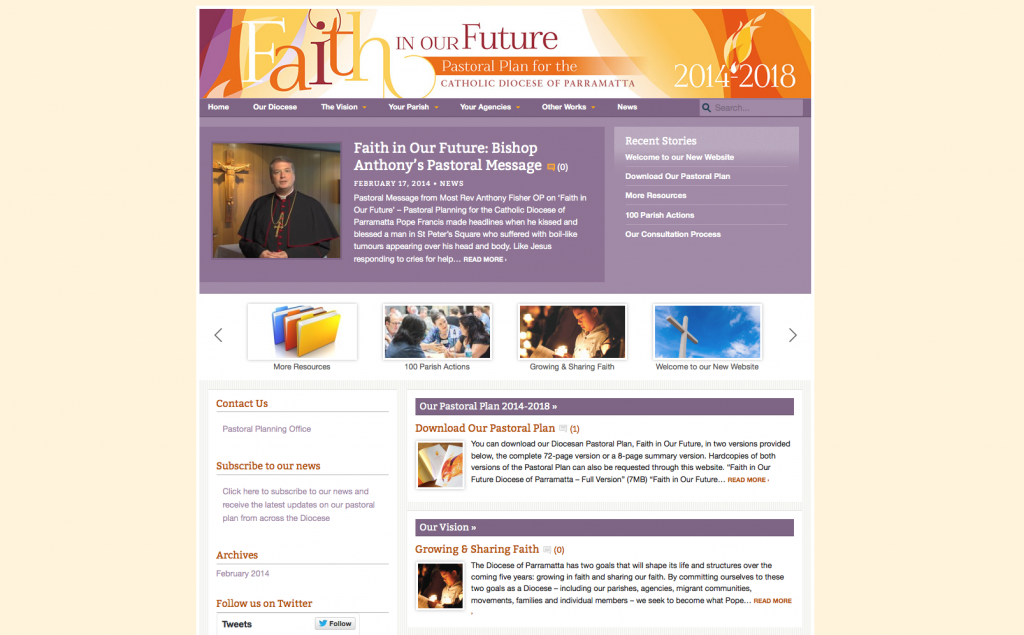 A screenshot of the "Faith in Our Future" website. Faith in Our Future is the culmination of two years of conversation and discernment about the future of the diocese, which takes in much of Western Sydney.