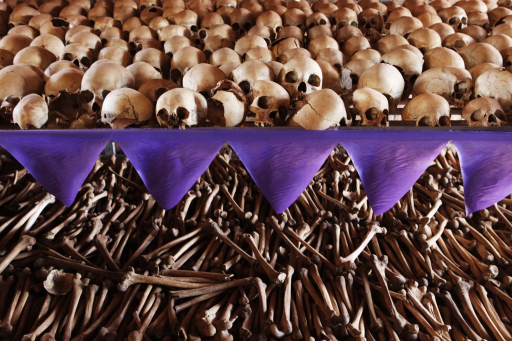 The skulls and bones of Rwandan victims rest on shelves at a genocide memorial inside a church at Ntarama, just outside the capital Kigali, in this 2010 file photo. Rwandans began an official week of mourning April 7 to mark the anniversary of the genocide, in which mostly Tutsis and some moderate Hutus, ethnic groups with a history of rivalry, were killed. PHOTO: CNS/Finbarr O'Reilly, Reuters