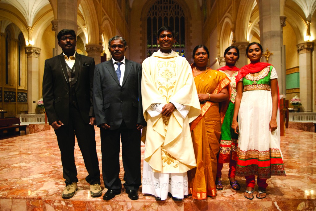 Renald Anthony was ordained a priest on May 23 at St Mary’s Cathedral by Archbishop Timothy Costelloe SDB. He is pictured above with his brother, Roosvelt, his mother and father, Mr Stephen and Mrs Everest Anthony, and his sisters Jenet and Jero. Fr Anthony will travel to his home parish in Vadakangulam, South India briefly for a celebration of the milestone on May 31.PHOTO: Robert hiini