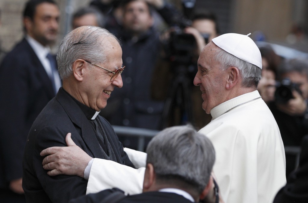 Pope Francis greets Father Adolfo Nicolas, superior general of the Society of Jesus, as he arrives to celebrate Mass on Jan 3, 2014 at the Church of the Gesu in Rome. PHOTO: CNS/Paul Haring