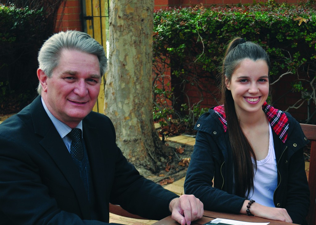 Professor Chris Hackett, one of Notre Dame’s first postgraduate education students, with first year student Sophie Monisse. PHOTO: University of Notre Dame Australia