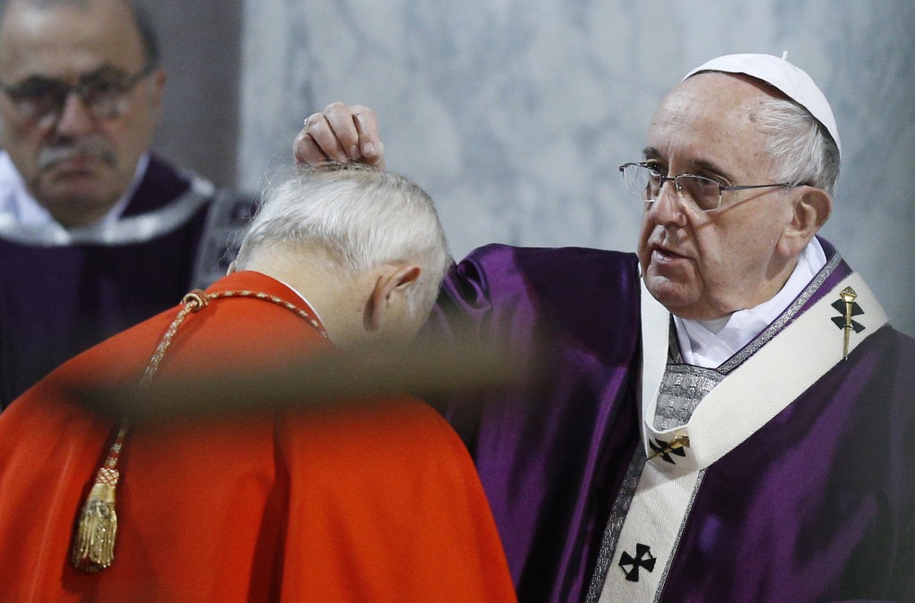 Pope Francis places ashes on the head of Cardinal Jozef Tomko during Ash Wednesday Mass at the Basilica of Santa Sabina in Rome Feb. 18. PHOTO: CNS/Paul Haring