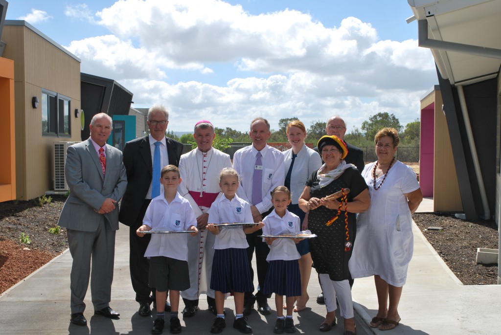 (from left to right) Dr Tim McDonald (Executive Director Catholic Education WA), Mr Don Randall MP (representing the Australian government), Archbishop of Perth Timothy Costelloe SDB DD, Mr Kevin Sheehy (Principal), Hon Ms Donna Faragher MLC (representing the Minister for Education), Fr Kaz Stuglik (Parish Priest, St Francis Xavier), Ms Marie Taylor (Noongar elder) and Ms Robyn Collard (Noongar Kaatidjiny Yok). PHOTO: Marco Ceccarelli