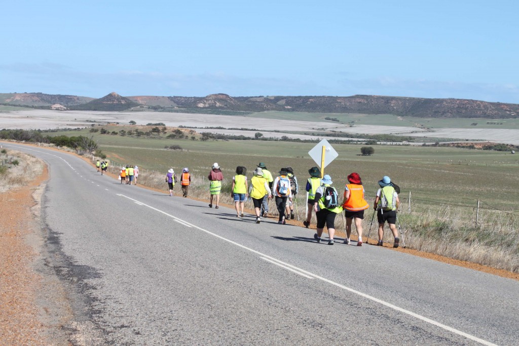 Pilgrims walk along the road during the Camino San Francisco which took place from Friday 1 to Sunday 3 May, organised by Geraldton Director of Heritage Fr Robert Cross. PHOTO: Supplied