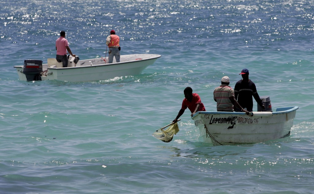 In this March 3, 2008 photo, environmental workers collect sea samples after an oil spill at Boca Chica, Dominican Republic. PHOTO: CNS/Orlando Barria, EPA
