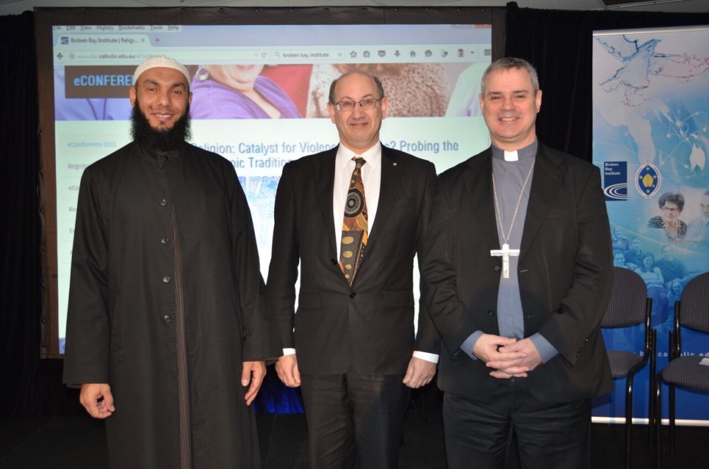 From left, Professor Imam Mohamad Abdalla from Griffith University, Jeremy Jones AM, Delegate, International Jewish Commitee for Inter-Religious Consultations with Bishop of Broken Bay, Bishop Peter Comensoli at the BBI’s eConference “Religion: Catalyst for Violence or Peace?” PHOTO: Broken Bay Institute