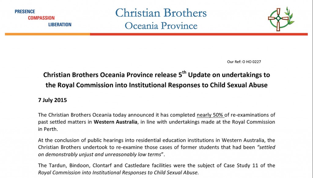 A statement was released announcing that the Christian Brothers Oceania has completed nearly 50 per cent of re-examinations of past settled matters in Western Australia, in line with the Royal Commission. PHOTO: Supplied