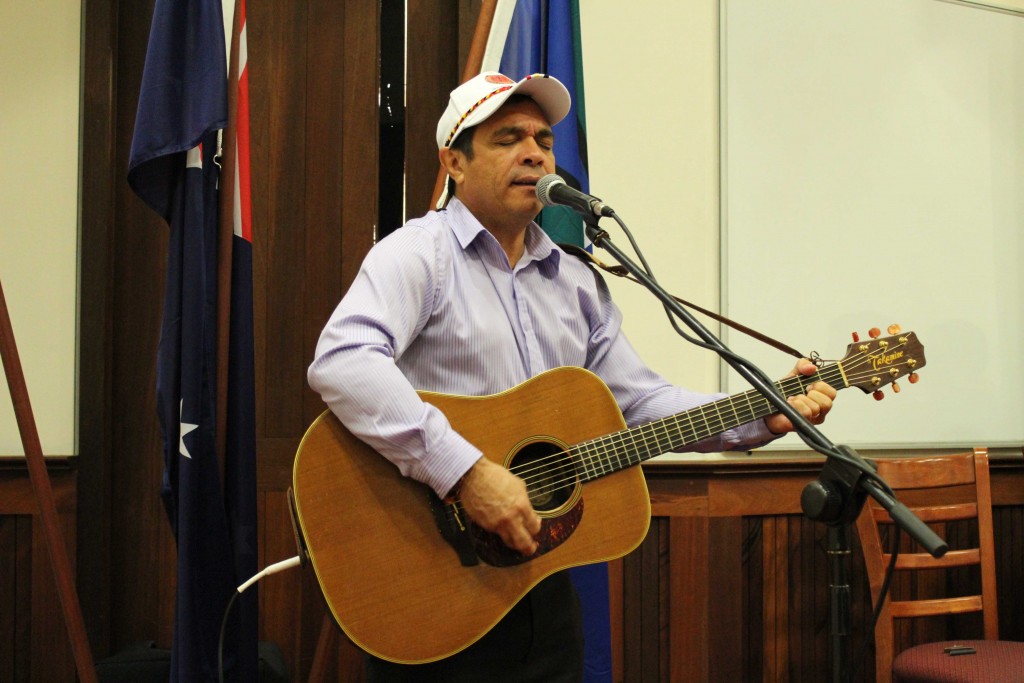 Aboriginal Artist David Pigram, from renowned Broome seven-piece country folk/rock band The Pigram Brothers, sings for the audience at a special event held for NAIDOC Week at UNDA, Fremantle. PHOTO: UNDA