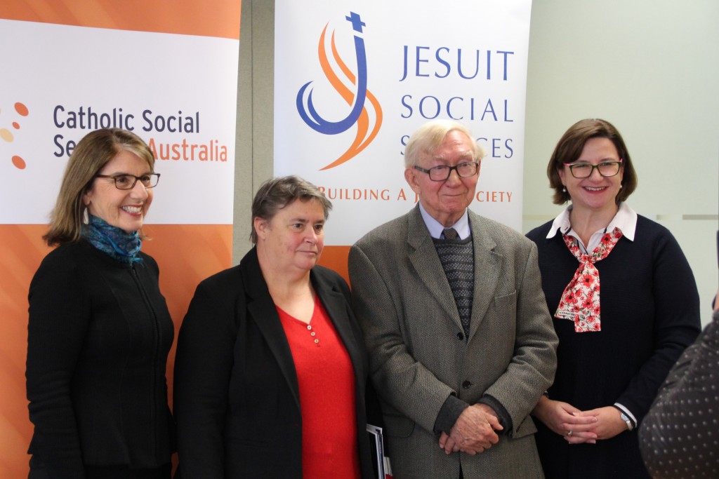 Julie Edwards,  CEO, Jesuit Social Services, Associate Professor Margot Rawsthorne, Professor Tony Vinson and Marcelle Mogg, CEO, Catholic Social Services Australia had all been involved in the recent report, Dropping off the Edge 2015, released today which was produced by Jesuit Social Services and Catholic Social Services Australia. PHOTO: Laura Bradley, Xt3 