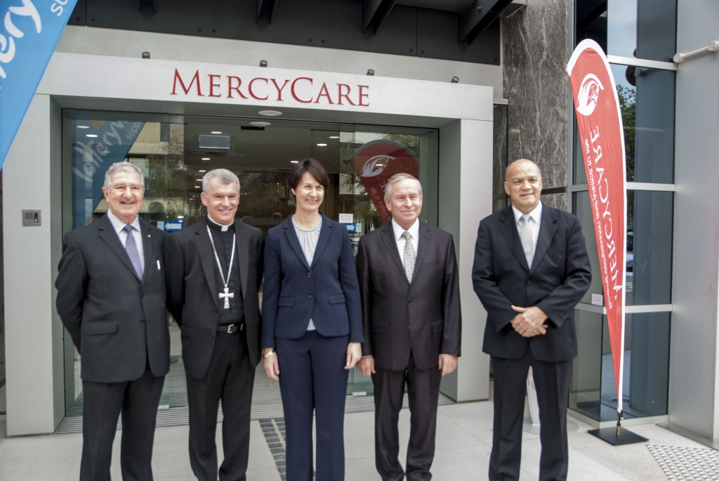 From left: Chair of MercyCare Trustees Tony Wheeler, Archbishop Timothy Costelloe SDB, MercyCare Board Chair Mary Woodford, WA Premier Colin Barnett and MercyCare CEO Chris Hall at the opening and blessing of the new MercyCare Central Office in Ord Street, West Perth, on Wednesday, 1 July. PHOTO: Marco Ceccarelli