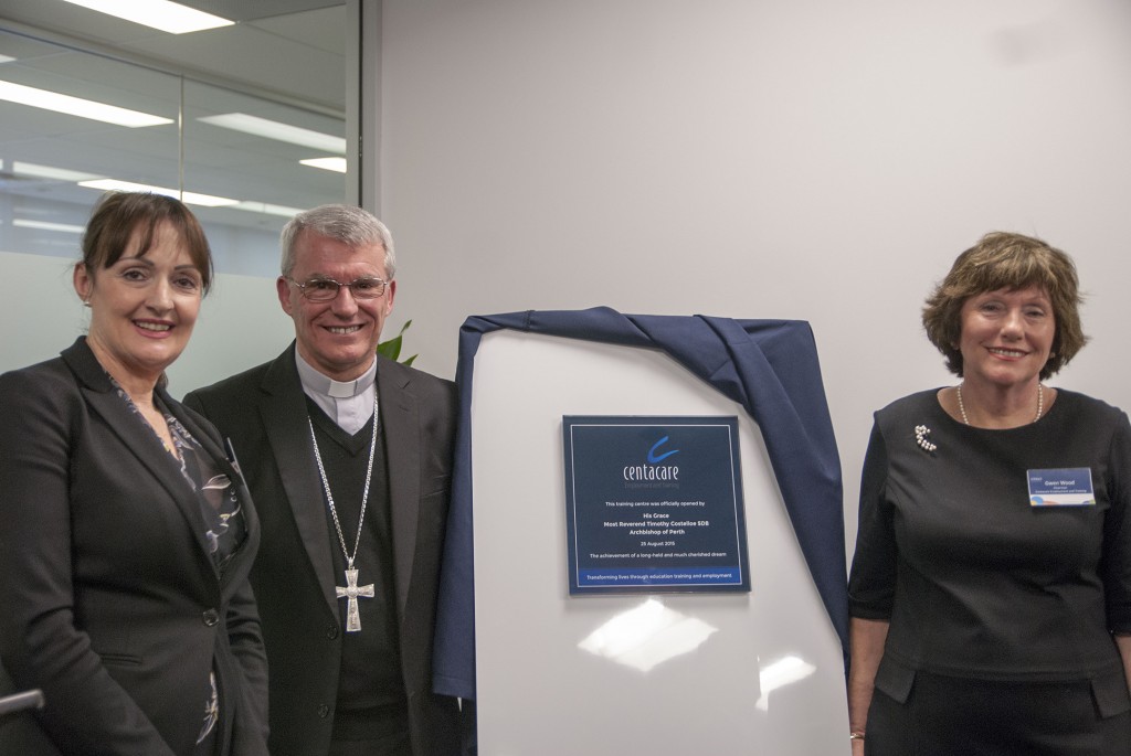 Archbishop Timothy Costello, centre, with Centacare Employment & Training Executive Director, Lee-Anne Phillips, left and Board Chairperson, Gwen Wood, at the opening of the new city-based training centre on Tuesday, 25 August. PHOTO: Marco Ceccarelli