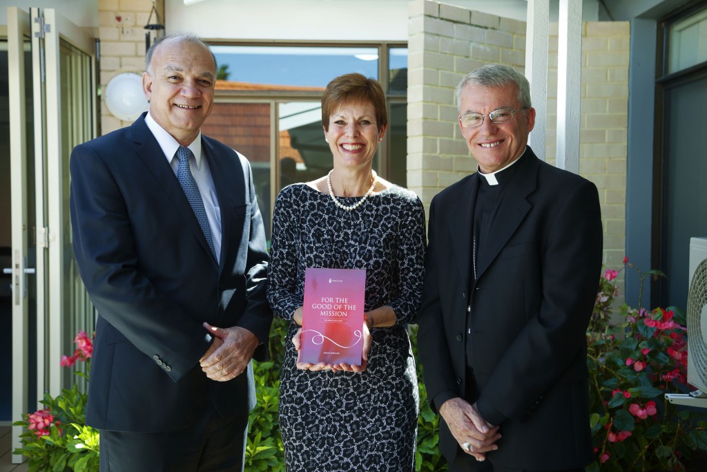 MercyCare CEO Chris Hall, author of For the Good of the Mission, Marilyn Beresford, Archbishop of Perth Timothy Costelloe. PHOTO: Supplied