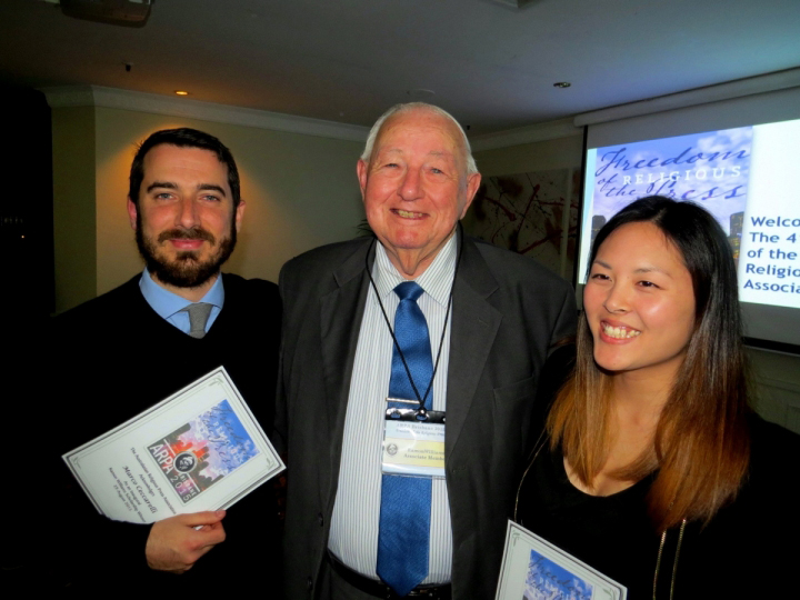 Joint winners of the Ramon Williams Scholarship, Marco Ceccarelli and Emilie Ng, stand with Mr Ramon Williams at the ARPA awards dinner, 29 August 2015. PHOTO: Dr Mark Tronson