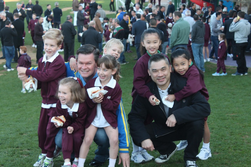 From left, Jack, Louise and Keith Connell (centre back), with their dad, Paul, and Louise’s friend, Piper Tansley (front centre) with Imogen and Caitlin Wu and their dad, Ivan. PHOTO: Supplied