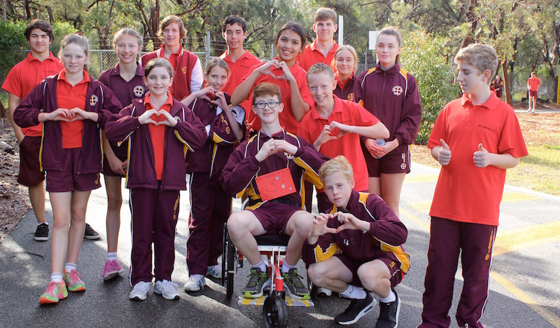 Students and staff at Mandurah Catholic College recently held a 'Wheel-A-Thon' fundraising event, raising an impressive $4,000 dollars for charity Wheelchairs for Kids. PHOTO: Supplied