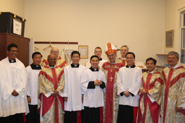 Geraldton Bishop Justin Bianchini visited St Charles’ Seminary in Guildford to install Peter Duong (second left from Bishop) Savio Nguyen (left of Bishop Bianchini) and Dominic Hoang (right of Bishop Bianchini) as lectors. PHOTO: Supplied