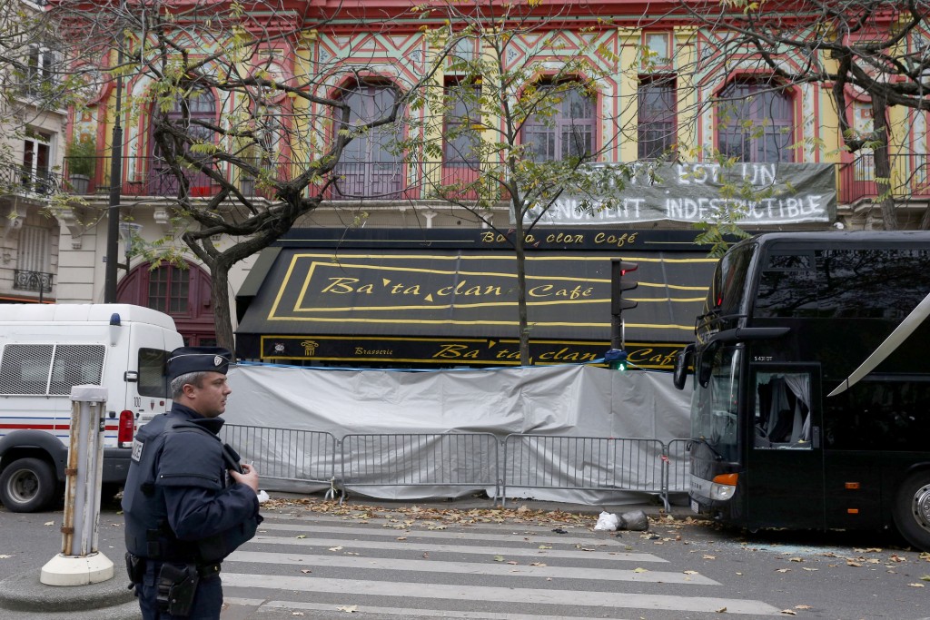 A policeman stands guard outside the Bataclan music hall in Paris on November 16. The Islamic State claimed responsibility for a November 13 attack on the hall. Photo: CNS/Paul Haring.