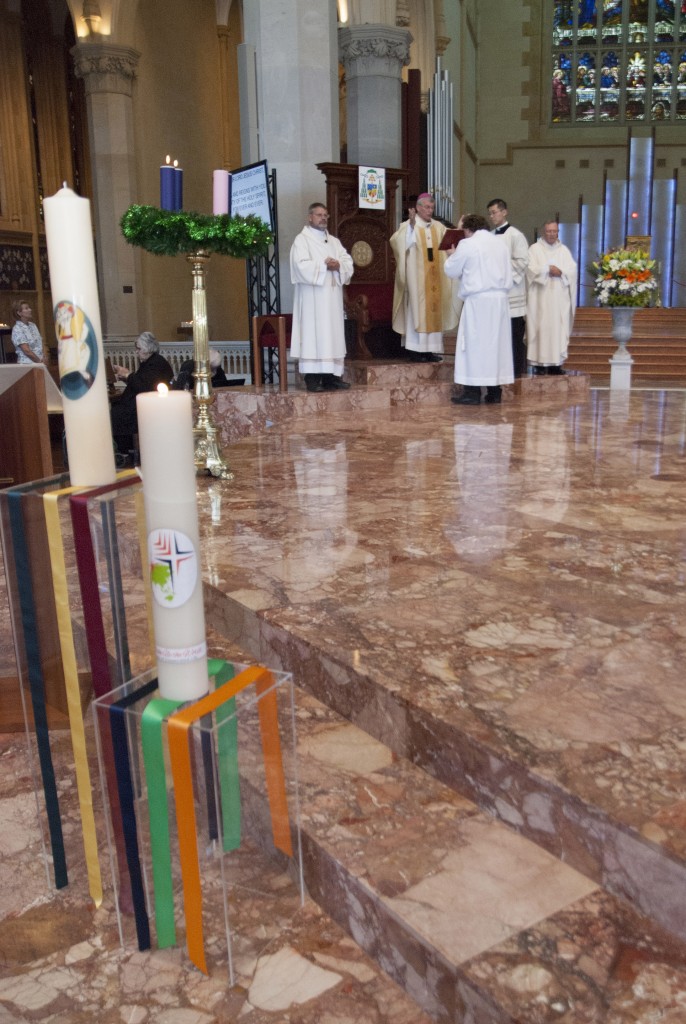 The two candles decorated with the Year of Mercy logo and Year of Consecrated Life logo. At the conclusion of the Mass, Archbishop Costelloe lit the Year of Mercy candle to commemorate the inauguration of the Jubilee Year, while also extinguishing the Year of Consecrated Life candle to symbolise its conclusion. Photo: Jamie O’Brien