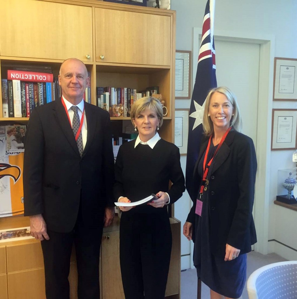 Jacqui Remond and Caritas Australia Chief Executive Officer, Paul O’Callaghan, who last week met with Federal Minister for Foreign Affairs and Trading, the Hon Julie Bishop, centre. Photo: Jacqui Remond