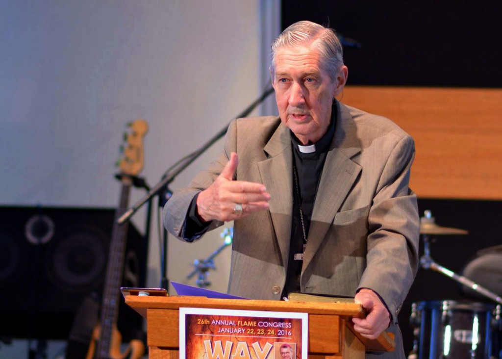 Emeritus Archbishop of Perth, Barry Hickey, speaks at the Flame Ministries International (FMI) Congress, held at John XXIII College, Claremont, from 23 to 24 January. Photo: Richard Cooke.
