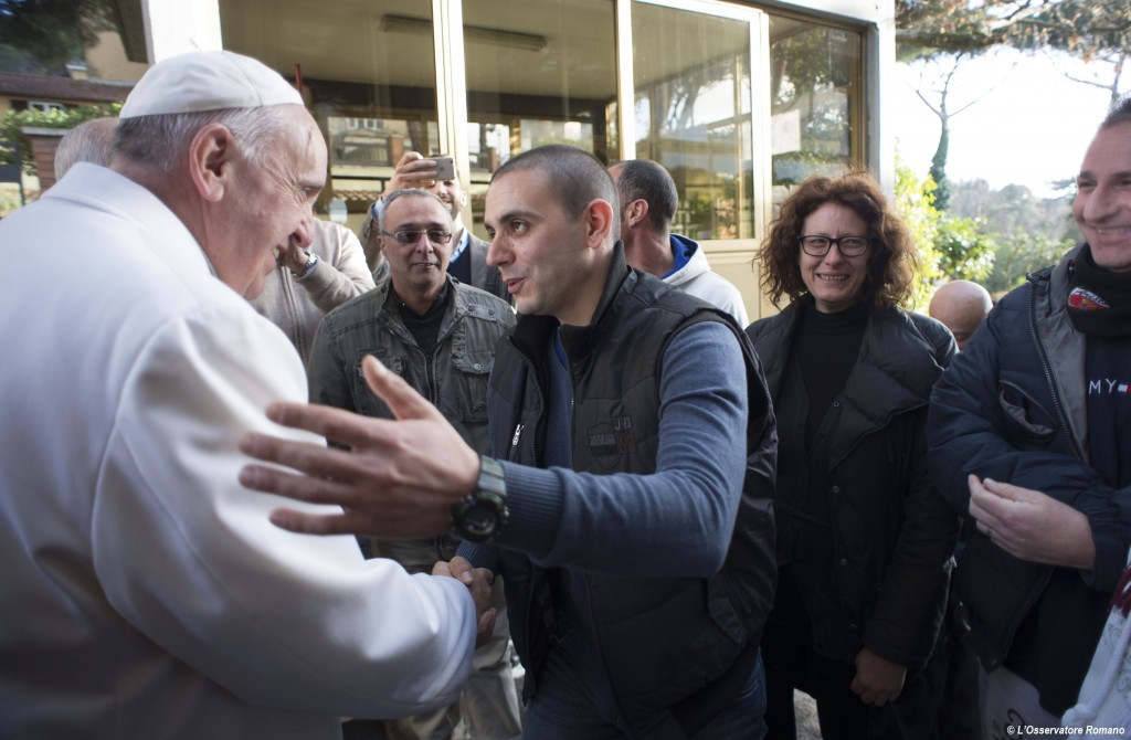 Pope Francis visits the San Carlo Community, a Catholic-run drug rehabilitation centre on the outskirts of Rome, near Castel Gandolfo, Italy on 26 February 2016. The Pope encouraged the 55 patients to trust God's mercy to keep them strong. Photo: CNS