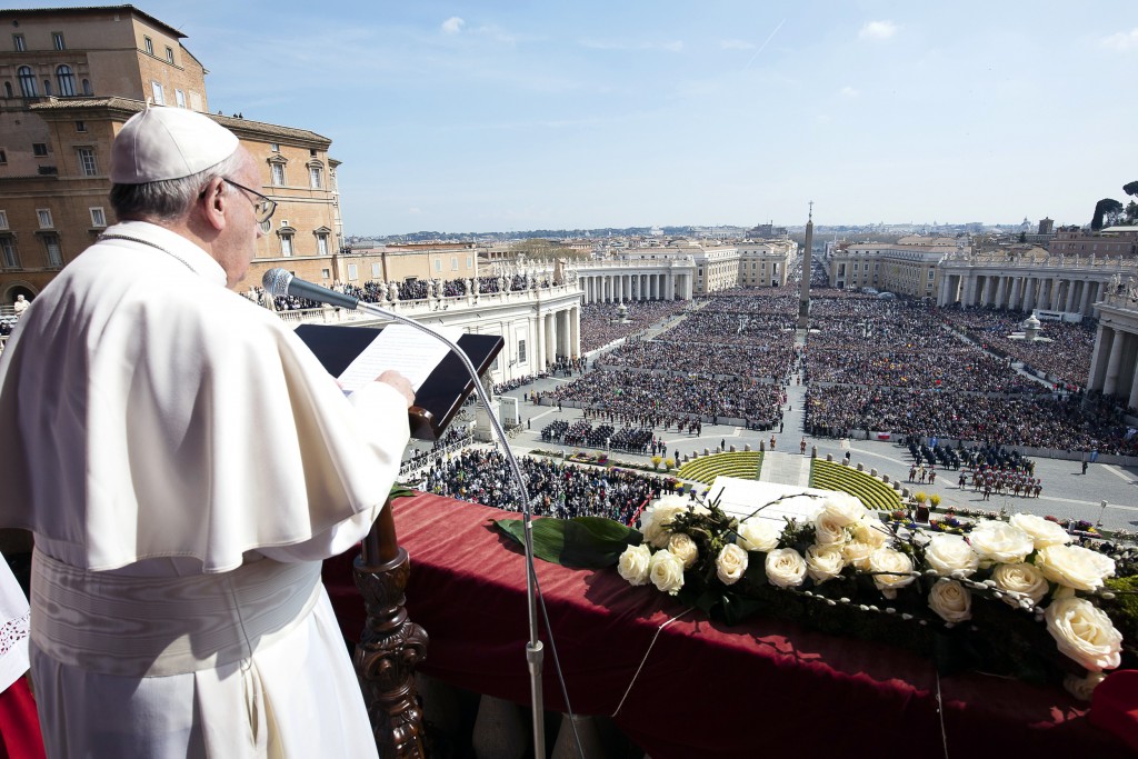 Pope Francis delivers his Easter message urbi et orbi (to the city and the world) from the central balcony of St Peter's Basilica at the Vatican on 27 March. Photo: CNS/L’Osservatore Romano