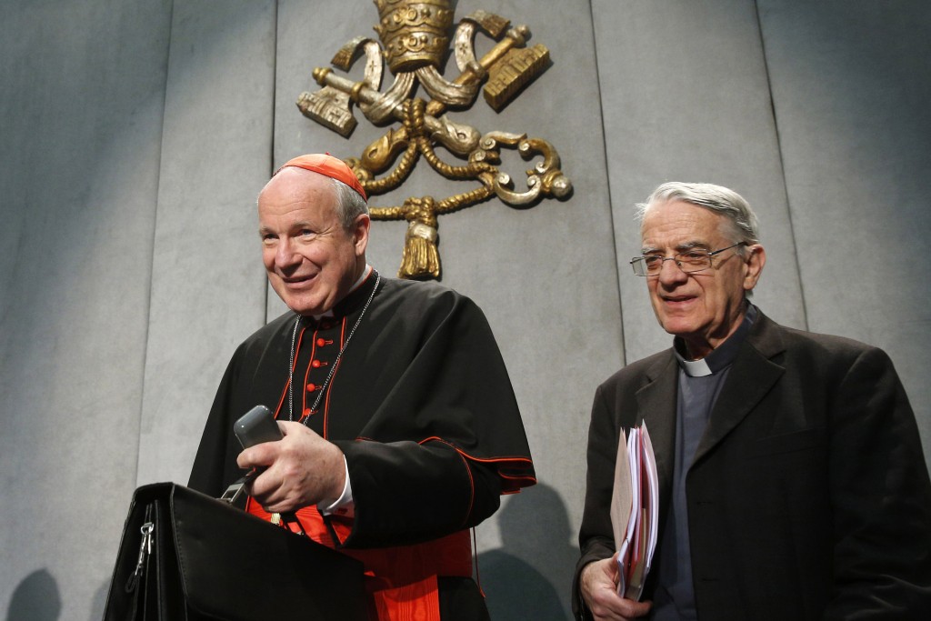 Austrian Cardinal Christoph Schonborn and Jesuit Father Federico Lombardi, Papal spokesman, arrive for a news conference for the release of Pope Francis' apostolic exhortation on the family, ‘Amoris Laetitia’ at the Vatican on 8 April. Photo: CNS/Paul Haring.