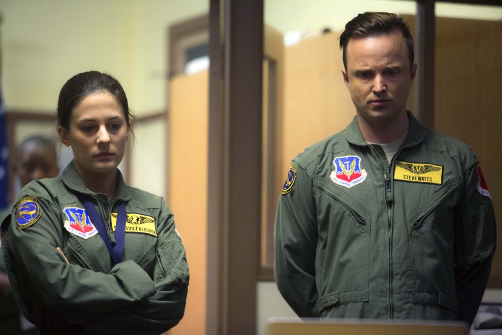 Carrie Gershon and Aaron Paul star in a scene from the movie Eye in the Sky. Photo: CNS/Bleecker Street