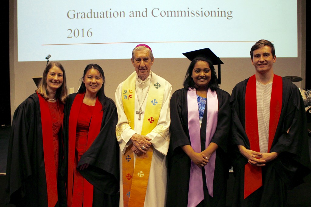 Newly graduated Acts 2 College of Mission and Evangelisation students (L-R) Linda Wisolith, Ming Yan Thong, Lynn Lewis and David Carter with Emeritus Archbishop Barry Hickey (centre) at the farewell ceremony held on Sunday, 28 February. Photo: Courtesy Acts 2 College