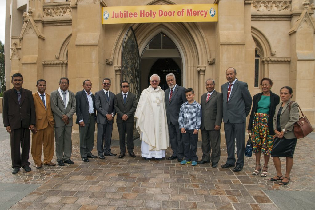 St Mary’s Cathedral Dean Mgr Michael Keating (centre) with former President of East Timor, His Excellency Xanana Gusmão (right) and fellow Government representatives from East Timor on Sunday, 24 April. HE Gusmão was visiting Perth for the 2016 ANZAC Day celebrations. Photo: Jamie O’Brien