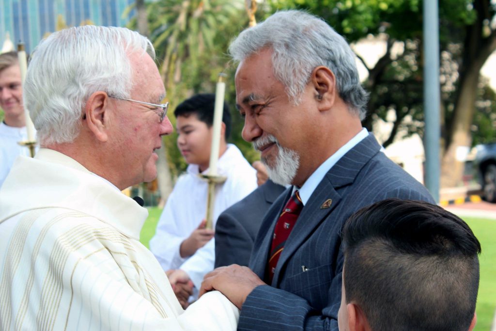 St Mary’s Cathedral Dean Mgr Michael Keating greets former President of East Timor, His Excellency Xanana Gusmão on Sunday, 24 April. HE Gusmão was visiting Perth for the 2016 ANZAC Day celebrations. Photo: David Butts