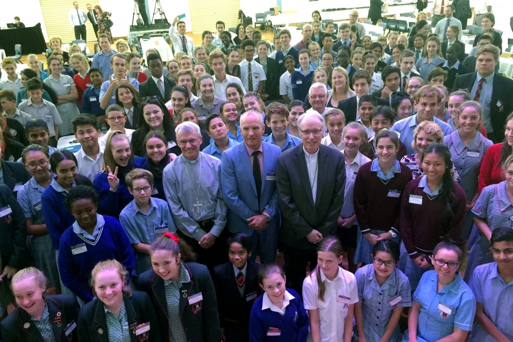 Archbishop Timothy Costelloe, Bishop Don Sproxton, CEWA Executive Director Dr Tim McDonald with staff and students from Catholic schools across Perth at the 2016 Archbishop’s Forum for Secondary Schools for LifeLink Day, with the aim of taking the world’s biggest ‘selfie’. Photo: Jamie O’Brien.