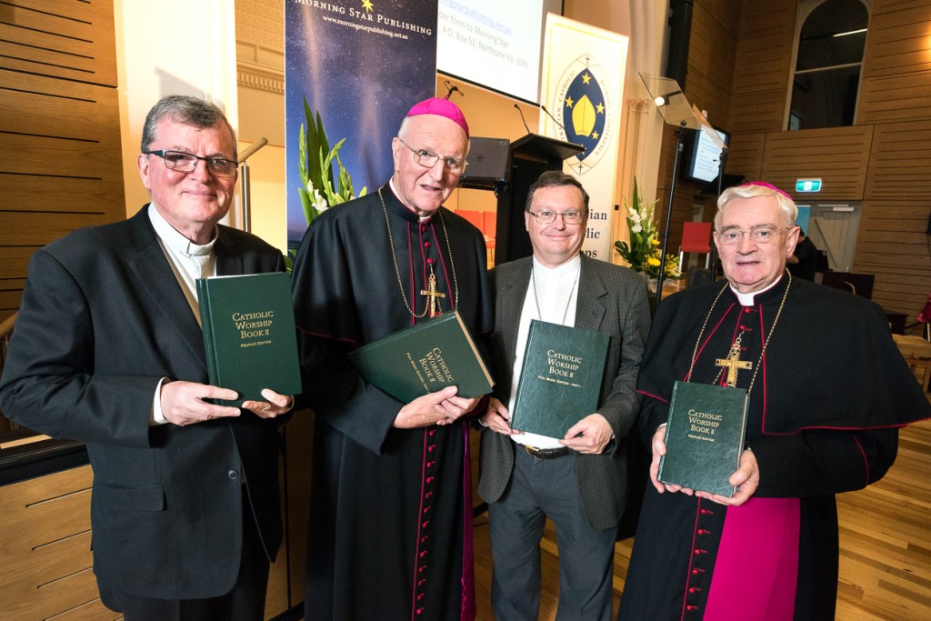 Fr Peter Williams, Archbishop Denis Hart, Bishop Pat O'Regan and Bishop Peter Elliott at the official launch of the new liturgical worship book on Friday 8 April at the Catholic Leadership Centre in Melbourne. Photo: Casamentos, Melbourne.