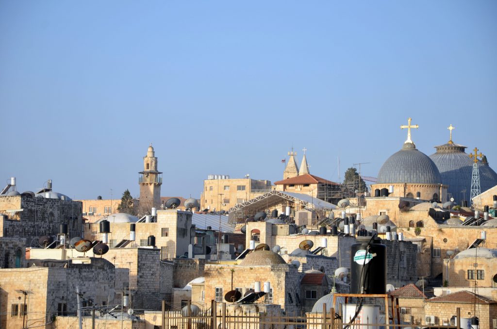 Bateman parishioners Angela McCarthy and Brenda D’Sa visited a number of holy sites in Jerusalem, including the Church of the Resurrection/Holy Sepulchre, identified by the double domes at the far right of this image. Photo: Supplied