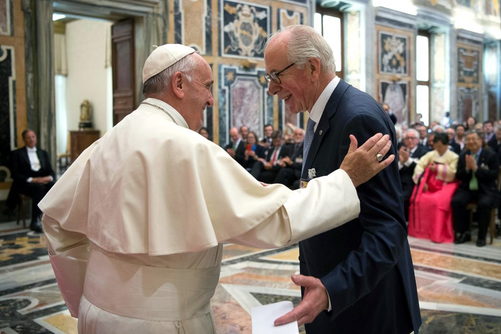 Pope Francis greets Domingo Sugranyes Bickel, president of the Centesimus Annus Pro Pontifice Foundation, during an audience with business leaders and Catholic social teaching experts at the Vatican on 13 May. Those at the audience were attending a conference sponsored by the foundation. Photo: NS/L'Osservatore Romano 