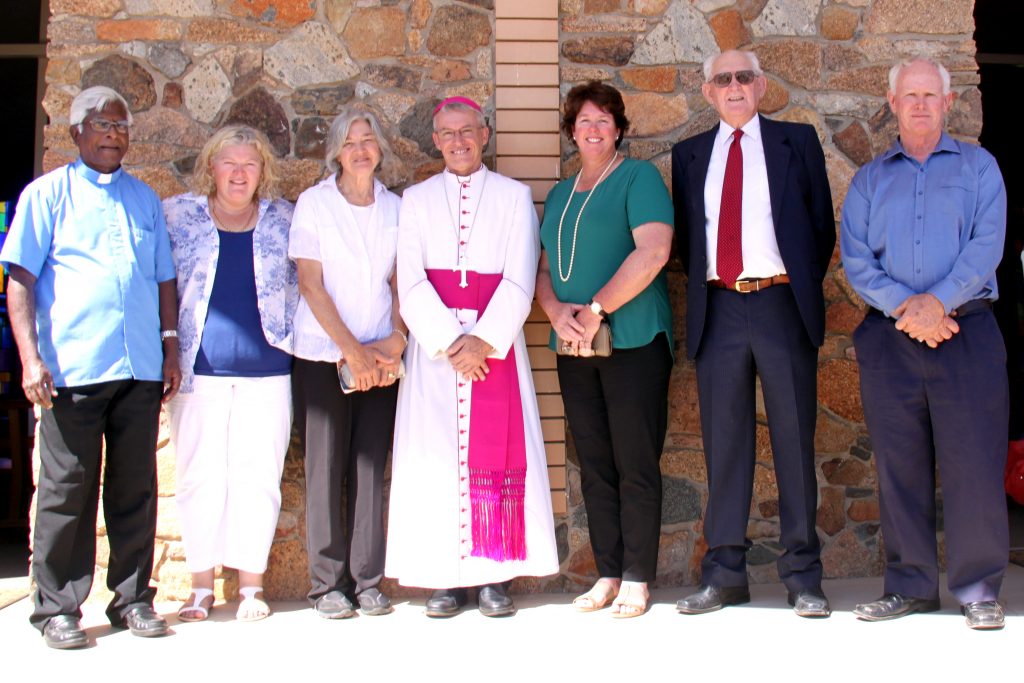 From left to right: Fr Sebastian Fernando, parishioners Vanessa Spurr, Janette Higgins, Liz Ray, John Hinck and Michael Carmody with Archbishop Timothy Costelloe (centre) outside the newly restructured Our Lady Help of Christians on Sunday, 3 April 2016. Photo: Supplied