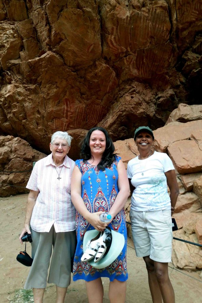 Sr Frances Wilson, Vicky Burrows and Donna Ryder from the Archdiocese of Perth’s Aboriginal Catholic Ministry visit culturally significant sites during the NATSICC Spirituality and Formation Retreat in Alice Springs. Photo: Supplied