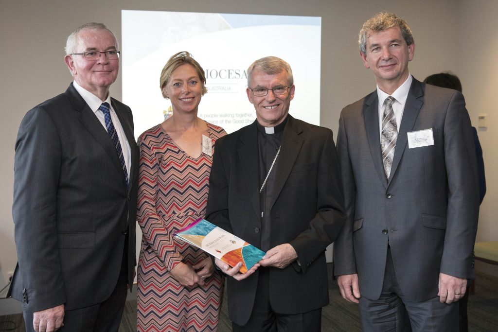 The Archdiocesan Plan Working Party Chair, Danny Murphy; Executive Officer, Jane Kikeros; Archbishop Timothy Costelloe; and Archdiocese of Perth CEO, Greg Russo. Photo: Ron Tan