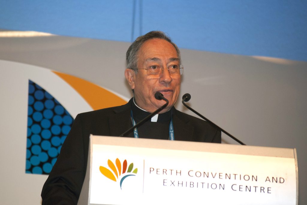 Cardinal Rodriguez Maradiaga – in Perth for the National Catholic Education Commission Conference – has given two key speeches, calling for faith values in education and action on climate change. Photo: Caroline Smith