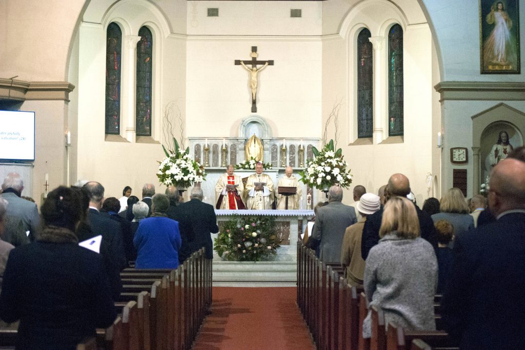 St Columba Church was packed with parishioners for the Mass, which was celebrated by Parish Priest, Monsignor Brian O’Loughlin, Archbishop Timothy Costelloe SDB and former parish priest, Father Michael Casey. Photo: Rachel Curry