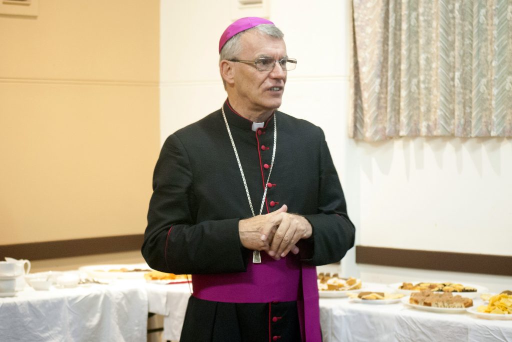 Archbishop Timothy Costelloe SDB addresses the South Perth parish community at the reception following the Mass. Photo: Rachel Curry