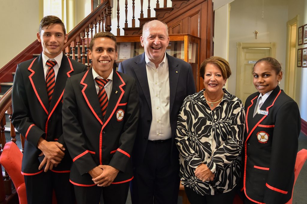 Clontarf Aboriginal College Head Boy, Isaac Mann, with fellow student, Drew Blurton; His Excellency, the Governor General Sir Peter Cosgrove; his wife, Lady Cosgrove, and Head Girl, Moesha McCormack. Photo: Supplied