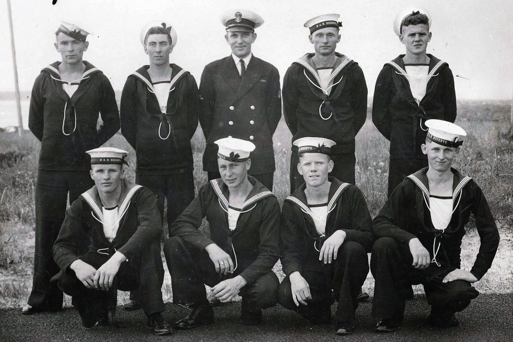 Tom Fisher, bottom right, was a member of the Royal Australian Navy Reserve when World War II was declared in 1939, and went on take part in some of its toughest naval battles. Photo: Supplied