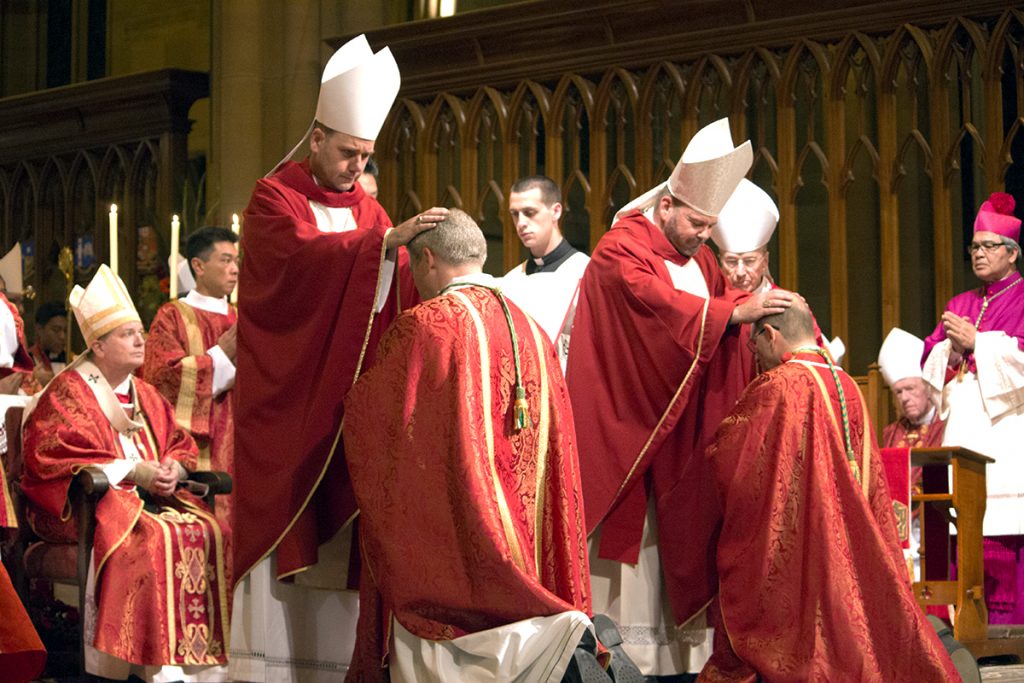 Bishop Michael Kennedy and Bishop Columba Macbeth-Green lay hands on the Bishops-elect. Photo: Sourced