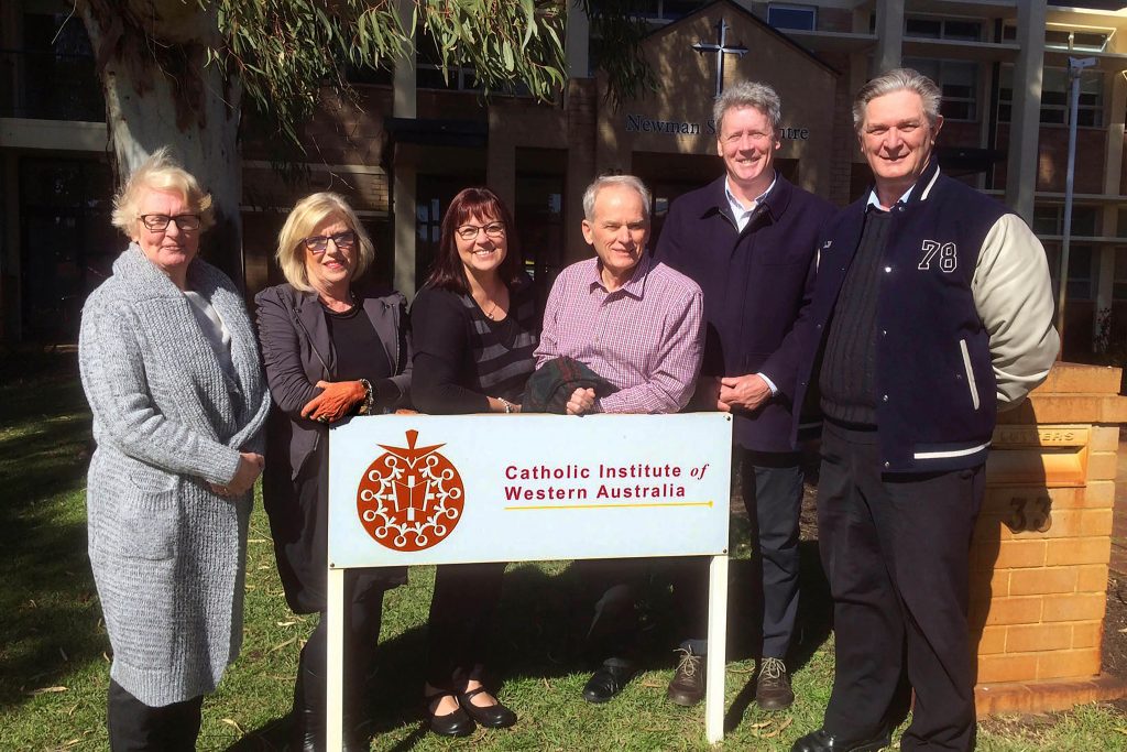 The Catholic Institute of Western Australia staff members, Maureen Delaney, Liz Reid, Kerry Troost, Alan Wedd, Damian Doyle and Chris Hackett, are celebrating 40 years of providing Catholic tertiary studies to students in WA. Photo: Supplied