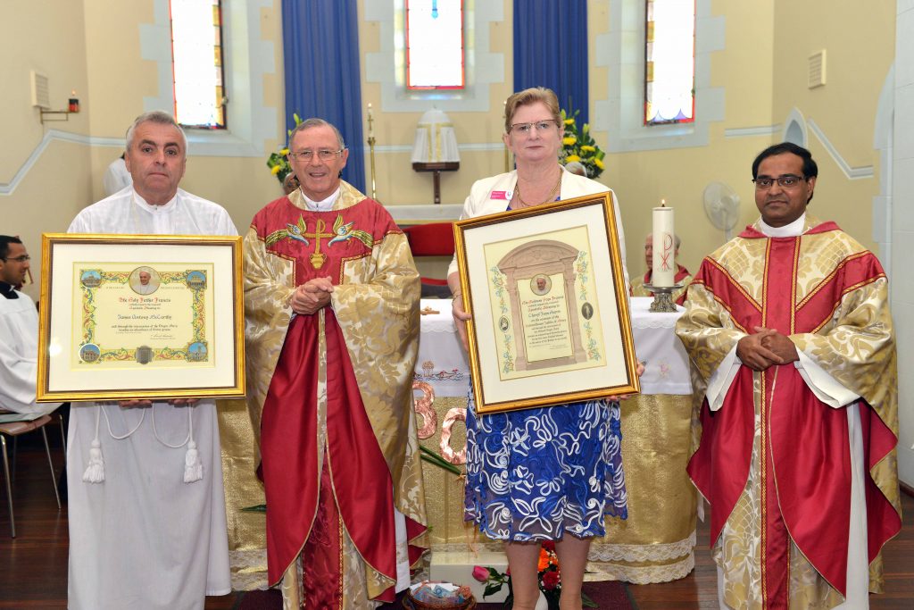 Two longstanding parishioners, Cheryl Harris and James McCarthy, were given papal awards for their contribution and involvement in the Guildford parish. Photo: Supplied