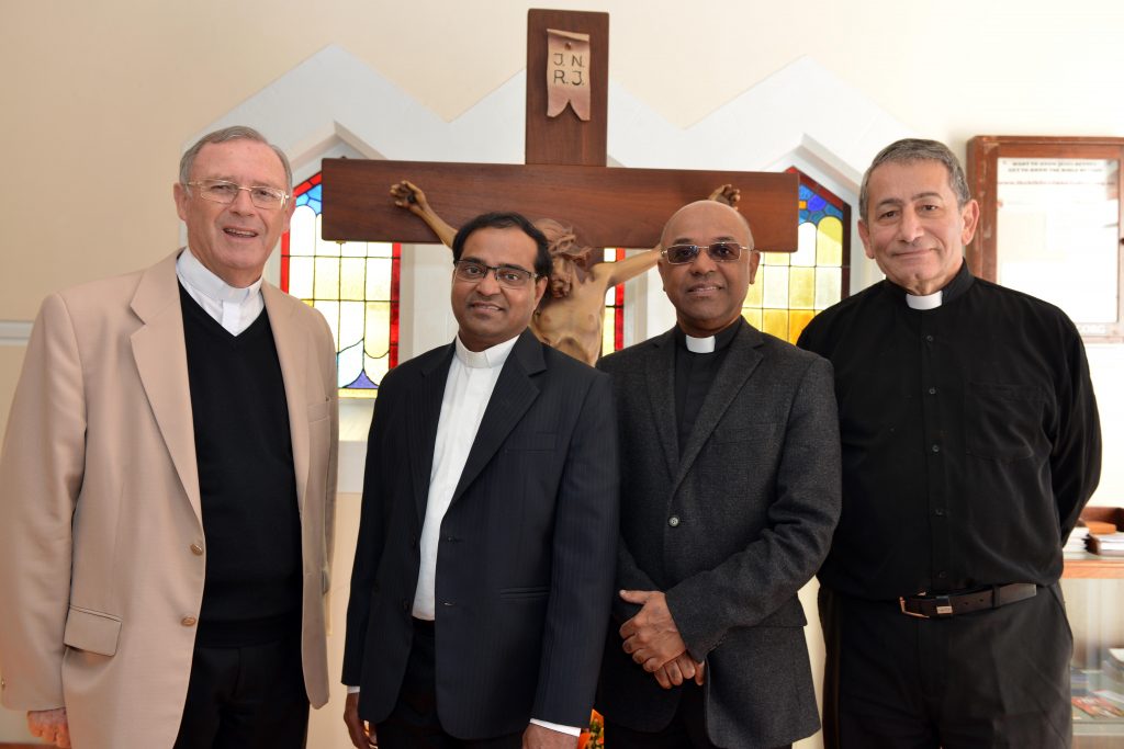 From left to right: Vicar General Fr Peter Whitely, Parish Priest, Fr Anand Reddy, Vice-Rector at St Charles’ Seminary, Fr Jean-Noël Marie and St Brigid’s Northbridge Resident Priest Fr Andre Nahhas at St Mary’s in Guildford’s 80th anniversary. Photo: Supplied